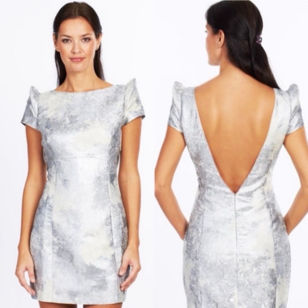 🔽NWOT Ladakh Metallic Mirage Puff Sleeve Plunging Mini Silver Backless Dress 8